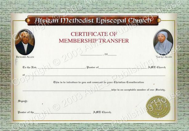 AME Certificate Of Membership Transfer – Spirit Filled Christian Bookstore