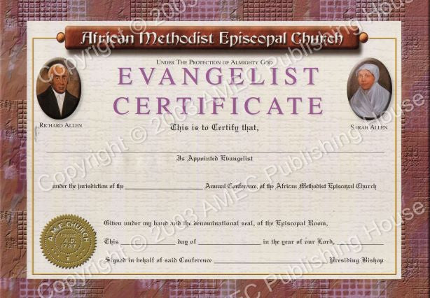 AME Evangelist Certificate Spirit Filled Christian Bookstore AME Evangelist Certificate Spirit Filled Christian Bookstore