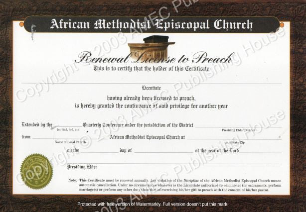 AME Renewal License To Preach – Spirit Filled Christian Bookstore for Free Printable License To Preach Certificate