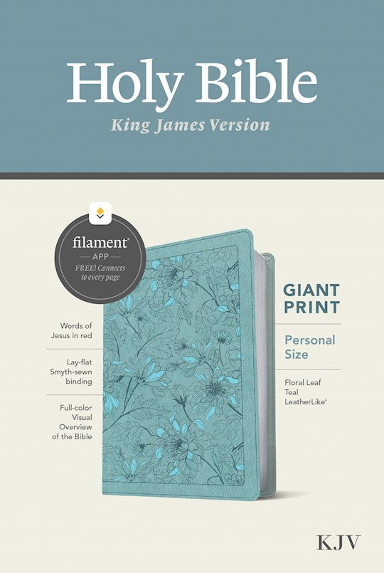 KJV Personal Size Giant Print Bible, Floral Leaf Teal Leather Like